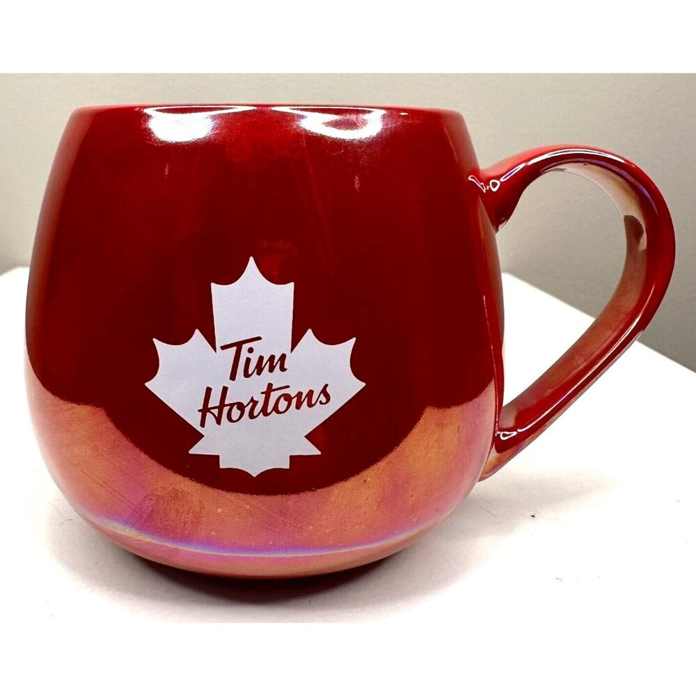 Tim Hortons 2020 Red & White Maple Leaf Barrel Shaped Coffee Mug Cup 12 Oz.